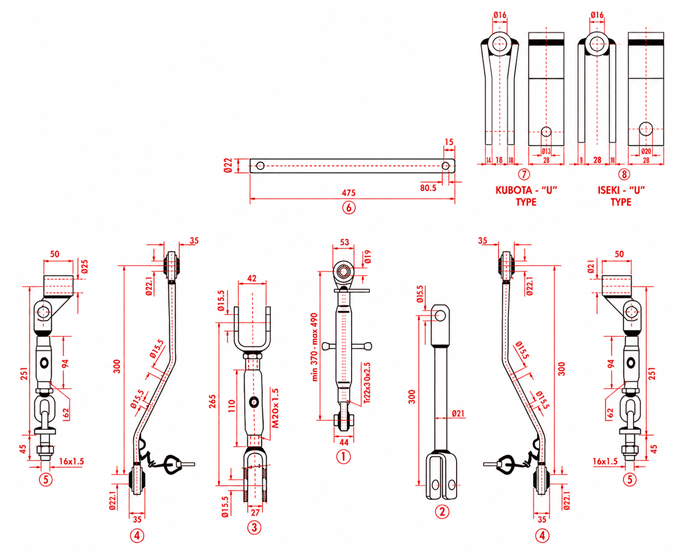 3-Point Linkage Kit Parts Diagram and Dimensions